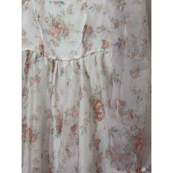 Floral Chiffon Mini Dress Pink White Puff Sleeve Babydoll Cottagecore M - Picture 15 of 16
